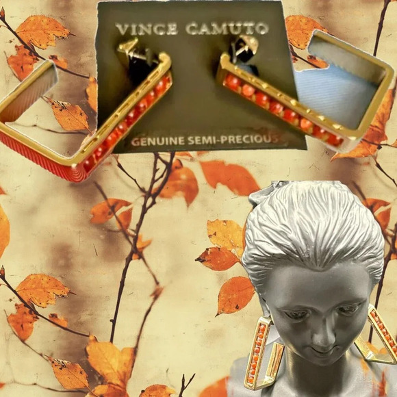 Vince Camuto Fiery Coral Semi-Precious Bead Stones Open Square Hoop Earrings - Picture 1 of 5